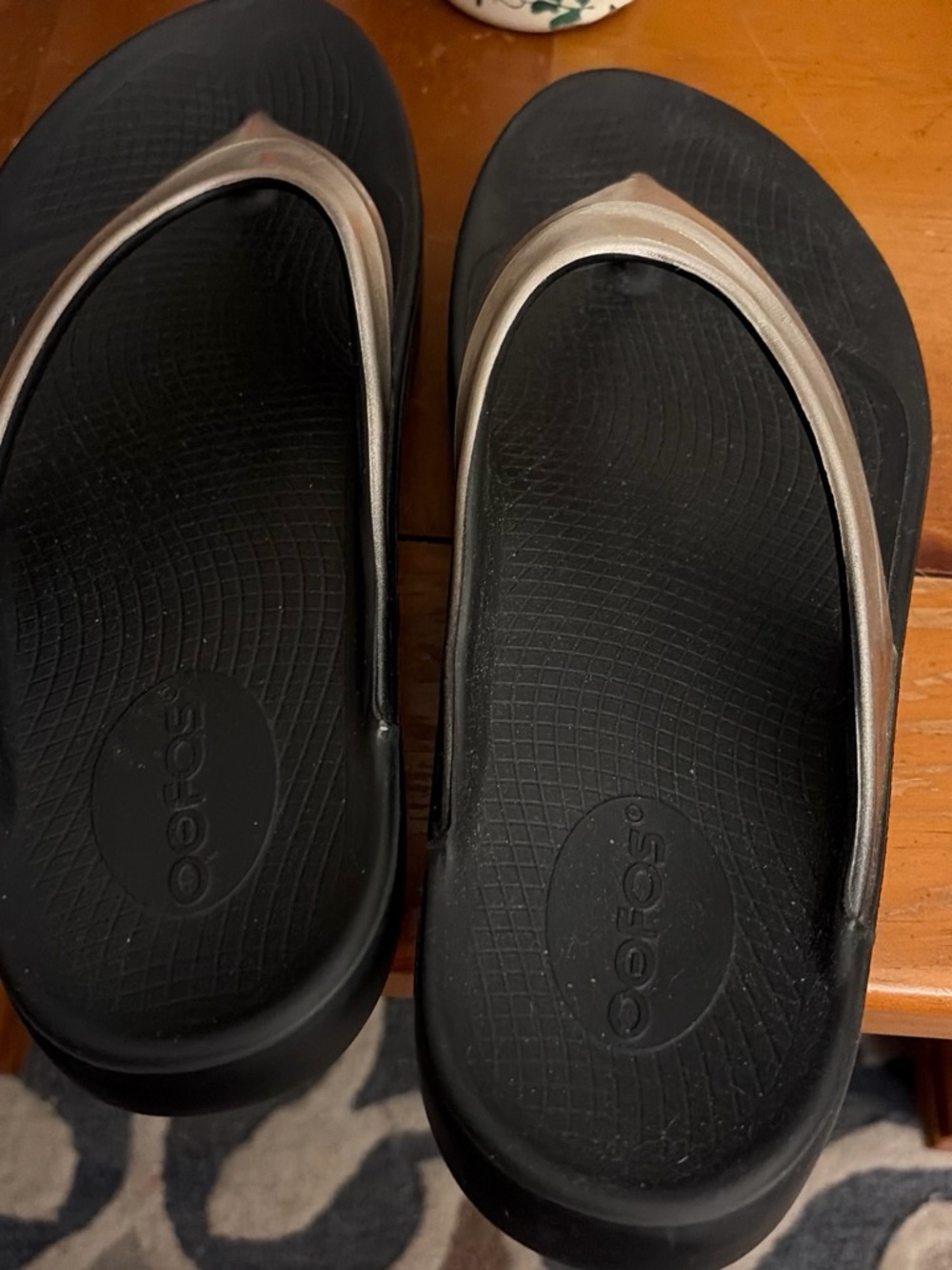 OOFOS Black Sandal with Metallic Silver Straps